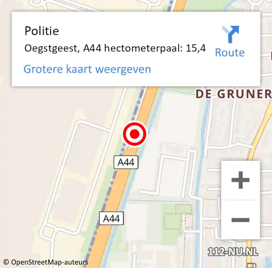 Locatie op kaart van de 112 melding: Politie Oegstgeest, A44 hectometerpaal: 15,4 op 20 augustus 2022 13:05