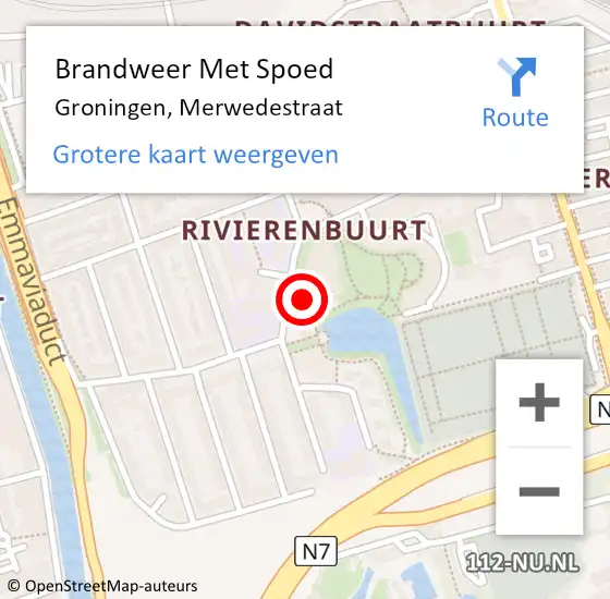 Locatie op kaart van de 112 melding: Brandweer Met Spoed Naar Groningen, Merwedestraat op 20 augustus 2022 13:52