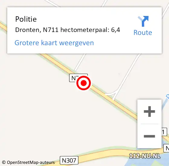 Locatie op kaart van de 112 melding: Politie Dronten, N711 hectometerpaal: 6,4 op 20 augustus 2022 14:13