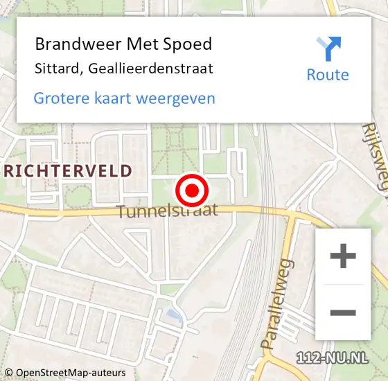 Locatie op kaart van de 112 melding: Brandweer Met Spoed Naar Sittard, Geallieerdenstraat op 20 augustus 2022 14:45