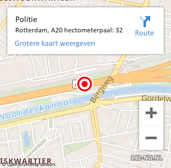 Locatie op kaart van de 112 melding: Politie Rotterdam, A20 hectometerpaal: 32 op 20 augustus 2022 14:49
