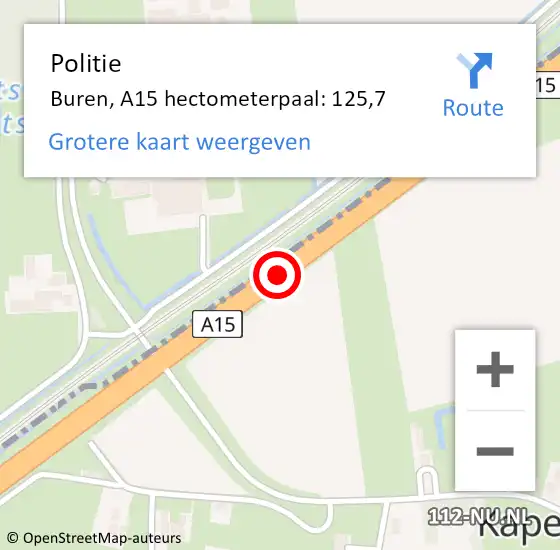 Locatie op kaart van de 112 melding: Politie Buren, A15 hectometerpaal: 125,7 op 20 augustus 2022 15:11