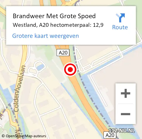 Locatie op kaart van de 112 melding: Brandweer Met Grote Spoed Naar Westland, A20 hectometerpaal: 12,9 op 20 augustus 2022 16:39