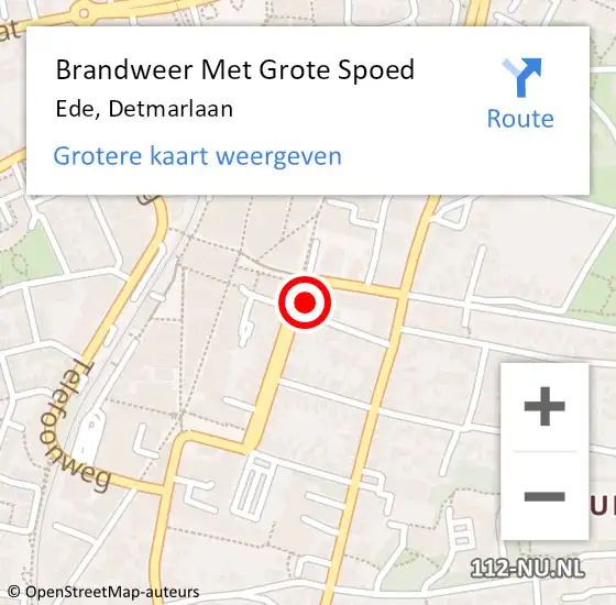 Locatie op kaart van de 112 melding: Brandweer Met Grote Spoed Naar Ede, Detmarlaan op 20 augustus 2022 20:34