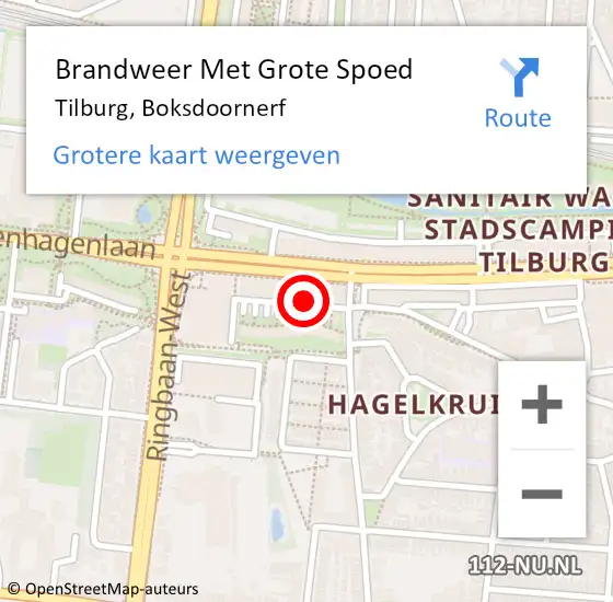 Locatie op kaart van de 112 melding: Brandweer Met Grote Spoed Naar Tilburg, Boksdoornerf op 21 augustus 2022 01:24