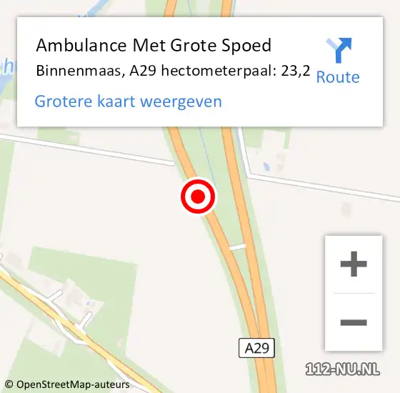 Locatie op kaart van de 112 melding: Ambulance Met Grote Spoed Naar Binnenmaas, A29 hectometerpaal: 23,2 op 21 augustus 2022 02:16