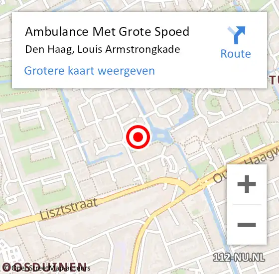 Locatie op kaart van de 112 melding: Ambulance Met Grote Spoed Naar Den Haag, Louis Armstrongkade op 21 augustus 2022 02:49