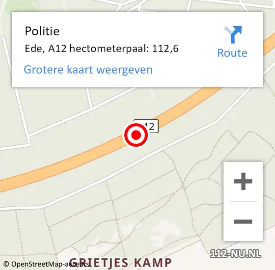 Locatie op kaart van de 112 melding: Politie Ede, A12 hectometerpaal: 112,6 op 21 augustus 2022 07:17