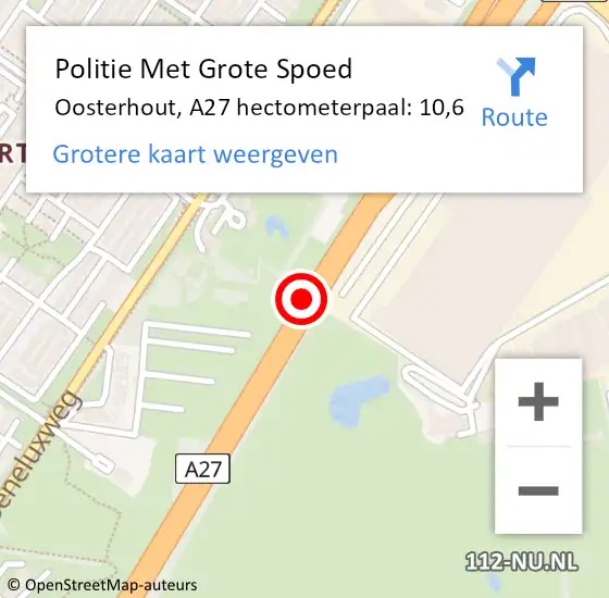 Locatie op kaart van de 112 melding: Politie Met Grote Spoed Naar Oosterhout, A27 hectometerpaal: 10,6 op 21 augustus 2022 07:26