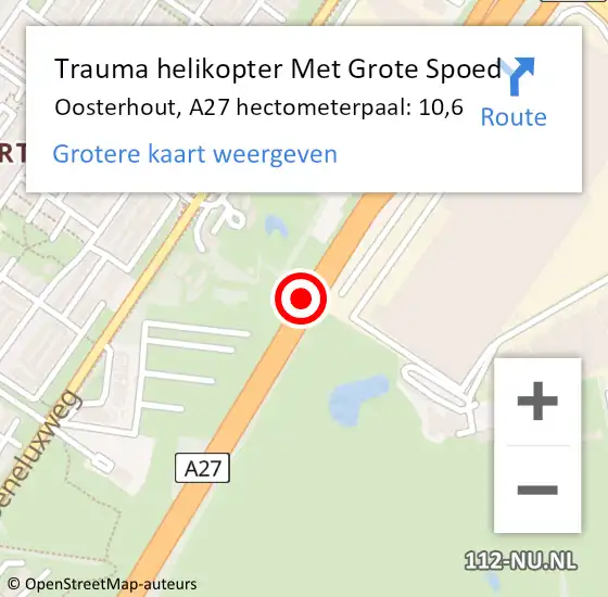 Locatie op kaart van de 112 melding: Trauma helikopter Met Grote Spoed Naar Oosterhout, A27 hectometerpaal: 10,6 op 21 augustus 2022 07:42