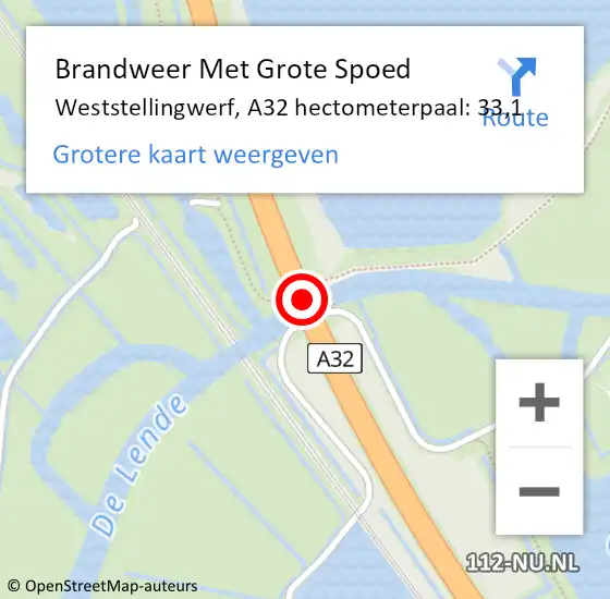 Locatie op kaart van de 112 melding: Brandweer Met Grote Spoed Naar Weststellingwerf, A32 hectometerpaal: 33,1 op 21 augustus 2022 13:55