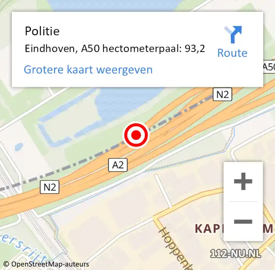 Locatie op kaart van de 112 melding: Politie Eindhoven, A50 hectometerpaal: 93,2 op 21 augustus 2022 16:15
