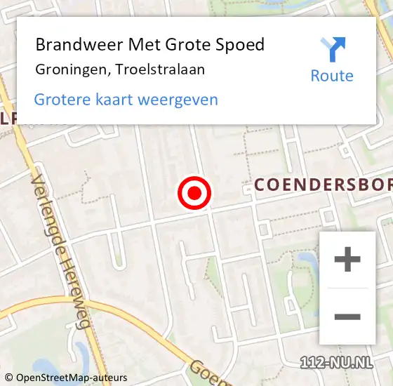 Locatie op kaart van de 112 melding: Brandweer Met Grote Spoed Naar Groningen, Troelstralaan op 21 augustus 2022 19:10