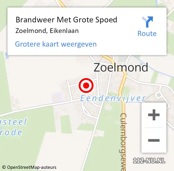 Locatie op kaart van de 112 melding: Brandweer Met Grote Spoed Naar Zoelmond, Eikenlaan op 21 augustus 2022 22:08