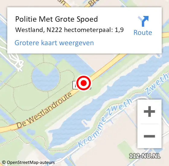 Locatie op kaart van de 112 melding: Politie Met Grote Spoed Naar Westland, N222 hectometerpaal: 1,9 op 21 augustus 2022 22:28