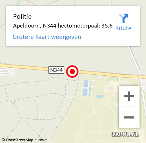 Locatie op kaart van de 112 melding: Politie Apeldoorn, N344 hectometerpaal: 35,6 op 21 augustus 2022 23:03