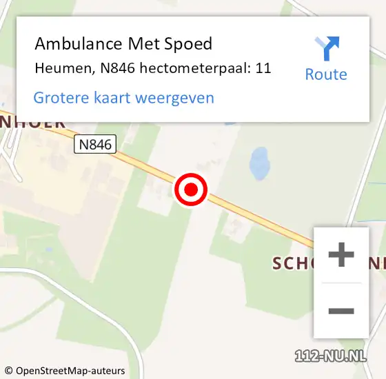 Locatie op kaart van de 112 melding: Ambulance Met Spoed Naar Heumen, N846 hectometerpaal: 11 op 22 augustus 2022 00:05