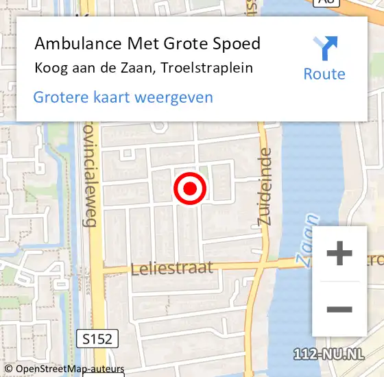 Locatie op kaart van de 112 melding: Ambulance Met Grote Spoed Naar Koog aan de Zaan, Troelstraplein op 22 augustus 2022 06:35