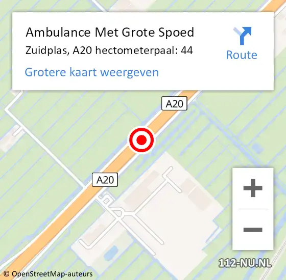 Locatie op kaart van de 112 melding: Ambulance Met Grote Spoed Naar Zuidplas, A20 hectometerpaal: 44 op 22 augustus 2022 06:46