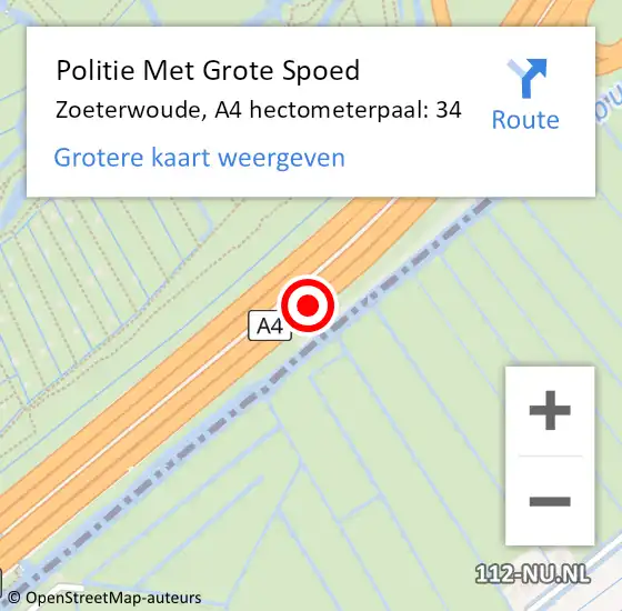 Locatie op kaart van de 112 melding: Politie Met Grote Spoed Naar Zoeterwoude, A4 hectometerpaal: 34 op 22 augustus 2022 07:49