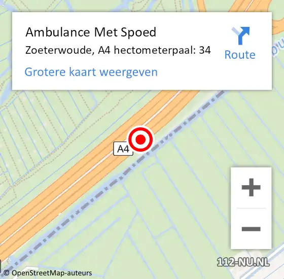 Locatie op kaart van de 112 melding: Ambulance Met Spoed Naar Zoeterwoude, A4 hectometerpaal: 34 op 22 augustus 2022 07:49