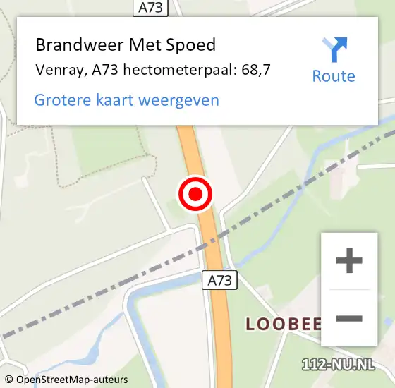 Locatie op kaart van de 112 melding: Brandweer Met Spoed Naar Venray, A73 hectometerpaal: 68,7 op 22 augustus 2022 09:10