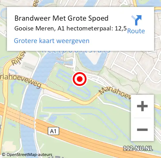 Locatie op kaart van de 112 melding: Brandweer Met Grote Spoed Naar Gooise Meren, A1 hectometerpaal: 12,5 op 22 augustus 2022 10:41