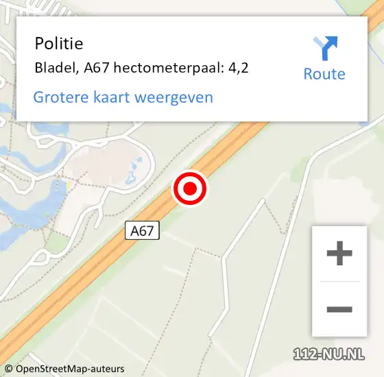 Locatie op kaart van de 112 melding: Politie Bladel, A67 hectometerpaal: 4,2 op 22 augustus 2022 12:46