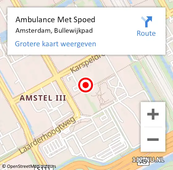 Locatie op kaart van de 112 melding: Ambulance Met Spoed Naar Amsterdam-Zuidoost, Bullewijkpad op 22 augustus 2022 13:06