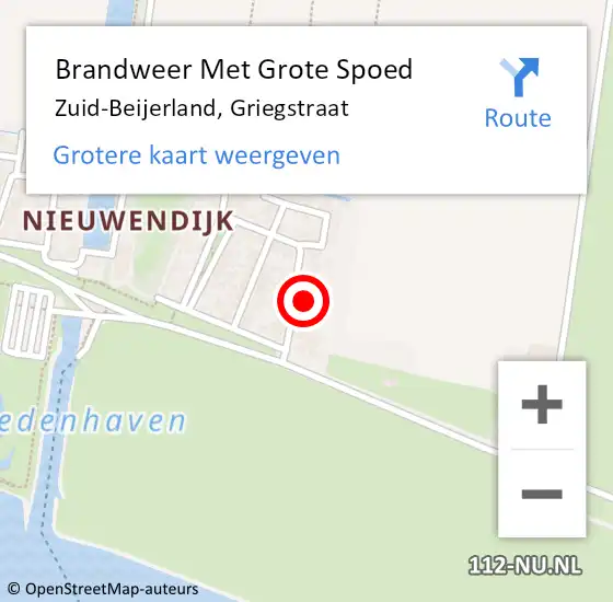 Locatie op kaart van de 112 melding: Brandweer Met Grote Spoed Naar Zuid-Beijerland, Griegstraat op 22 augustus 2022 13:48