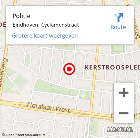 Locatie op kaart van de 112 melding: Politie Eindhoven, Cyclamenstraat op 22 augustus 2022 13:51