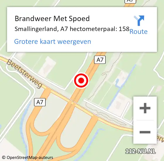 Locatie op kaart van de 112 melding: Brandweer Met Spoed Naar Smallingerland, A7 hectometerpaal: 158 op 22 augustus 2022 14:03