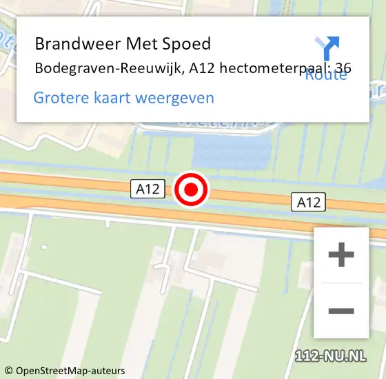 Locatie op kaart van de 112 melding: Brandweer Met Spoed Naar Bodegraven-Reeuwijk, A12 hectometerpaal: 36 op 22 augustus 2022 15:04