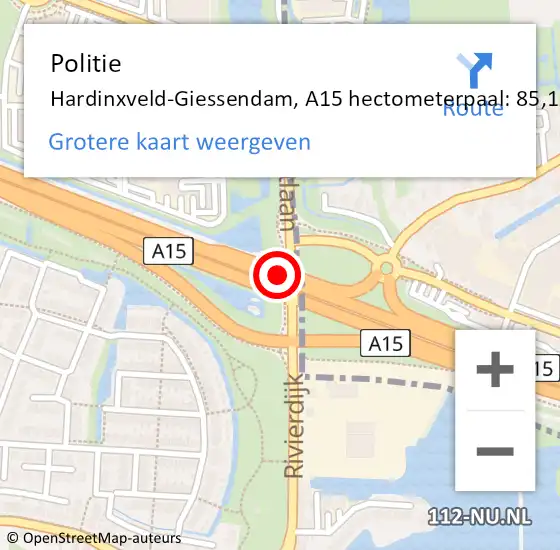 Locatie op kaart van de 112 melding: Politie Hardinxveld-Giessendam, A15 hectometerpaal: 85,1 op 22 augustus 2022 15:47