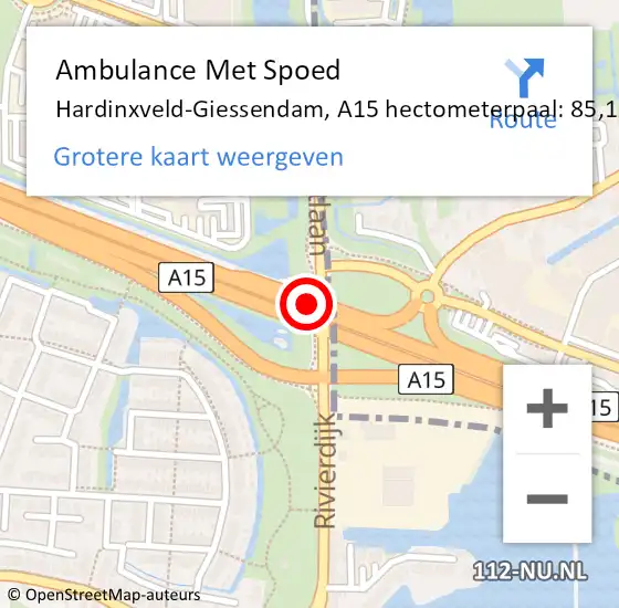 Locatie op kaart van de 112 melding: Ambulance Met Spoed Naar Hardinxveld-Giessendam, A15 hectometerpaal: 85,1 op 22 augustus 2022 15:48