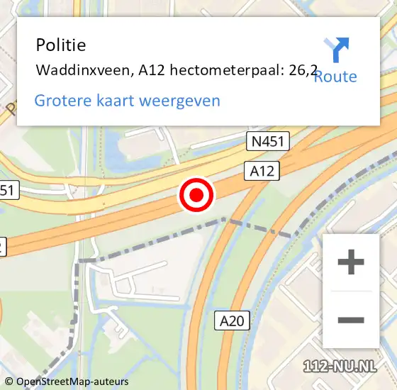 Locatie op kaart van de 112 melding: Politie Waddinxveen, A12 hectometerpaal: 26,2 op 22 augustus 2022 18:37