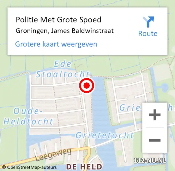 Locatie op kaart van de 112 melding: Politie Met Grote Spoed Naar Groningen, James Baldwinstraat op 22 augustus 2022 18:42