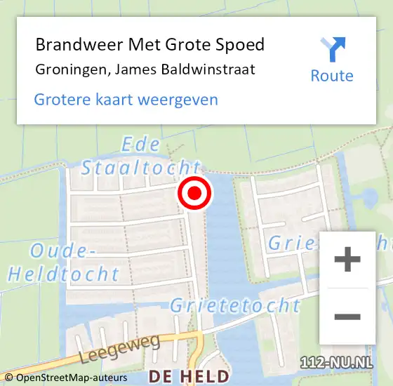 Locatie op kaart van de 112 melding: Brandweer Met Grote Spoed Naar Groningen, James Baldwinstraat op 22 augustus 2022 18:43