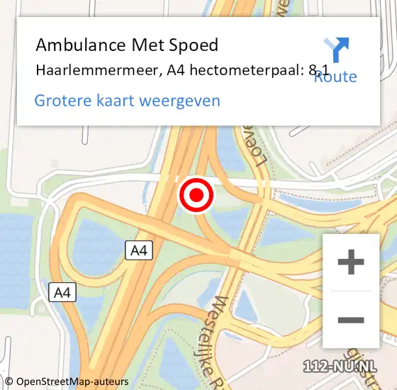 Locatie op kaart van de 112 melding: Ambulance Met Spoed Naar Haarlemmermeer, A4 hectometerpaal: 8,1 op 22 augustus 2022 19:38