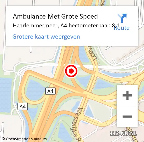 Locatie op kaart van de 112 melding: Ambulance Met Grote Spoed Naar Haarlemmermeer, A4 hectometerpaal: 8,1 op 22 augustus 2022 19:40