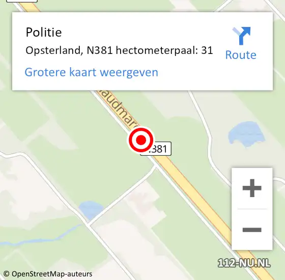 Locatie op kaart van de 112 melding: Politie Opsterland, N381 hectometerpaal: 31 op 22 augustus 2022 21:20