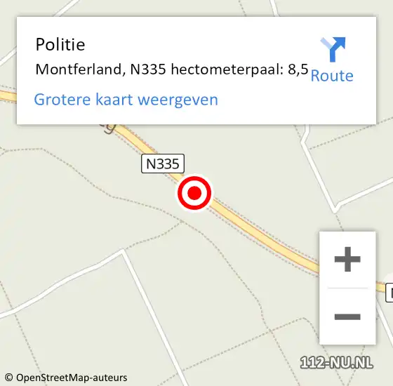 Locatie op kaart van de 112 melding: Politie Montferland, N335 hectometerpaal: 8,5 op 23 augustus 2022 05:24