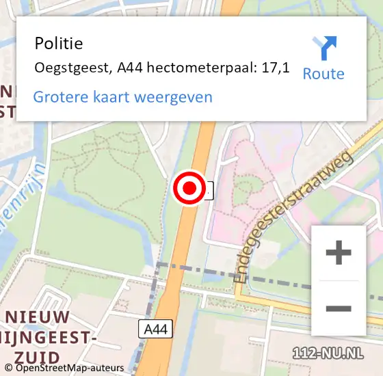 Locatie op kaart van de 112 melding: Politie Oegstgeest, A44 hectometerpaal: 17,1 op 23 augustus 2022 07:07