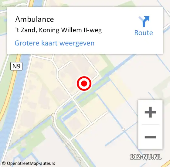Locatie op kaart van de 112 melding: Ambulance 't Zand, Koning Willem II-weg op 23 augustus 2022 07:18