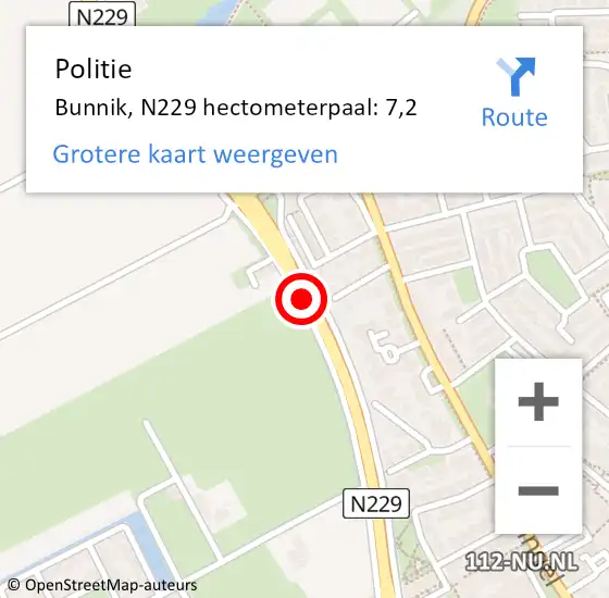 Locatie op kaart van de 112 melding: Politie Bunnik, N229 hectometerpaal: 7,2 op 23 augustus 2022 08:04