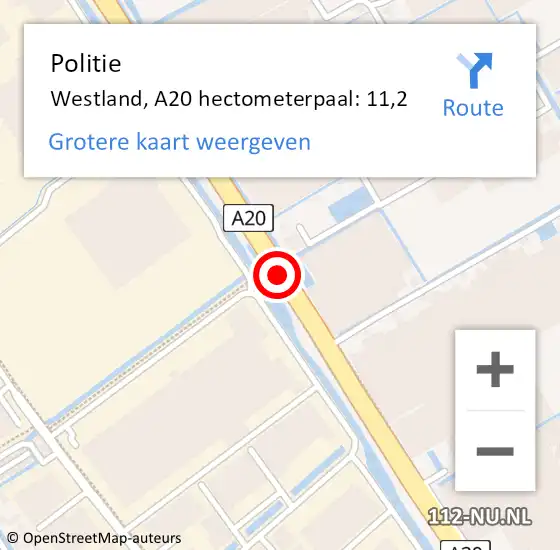 Locatie op kaart van de 112 melding: Politie Westland, A20 hectometerpaal: 11,2 op 23 augustus 2022 08:29