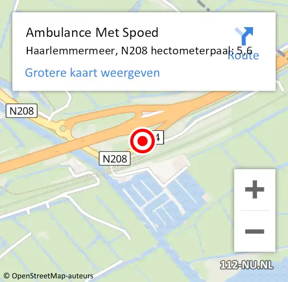 Locatie op kaart van de 112 melding: Ambulance Met Spoed Naar Haarlemmermeer, N208 hectometerpaal: 5,6 op 23 augustus 2022 09:05