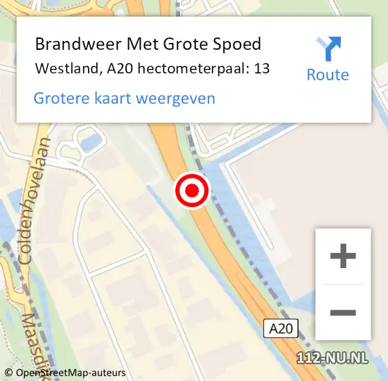 Locatie op kaart van de 112 melding: Brandweer Met Grote Spoed Naar Westland, A20 hectometerpaal: 13 op 23 augustus 2022 14:55