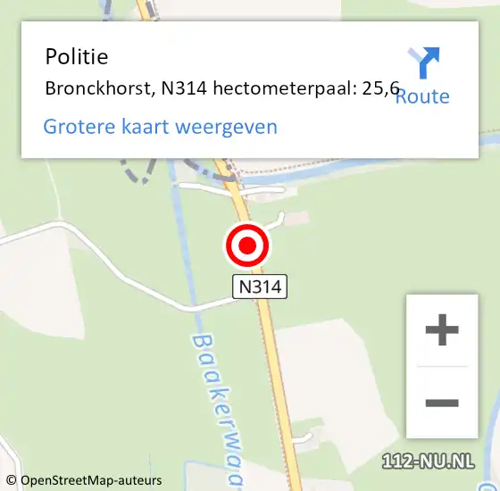 Locatie op kaart van de 112 melding: Politie Bronckhorst, N314 hectometerpaal: 25,6 op 23 augustus 2022 17:14