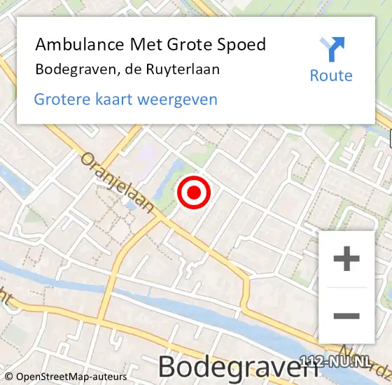 Locatie op kaart van de 112 melding: Ambulance Met Grote Spoed Naar Bodegraven, de Ruyterlaan op 23 augustus 2022 19:22